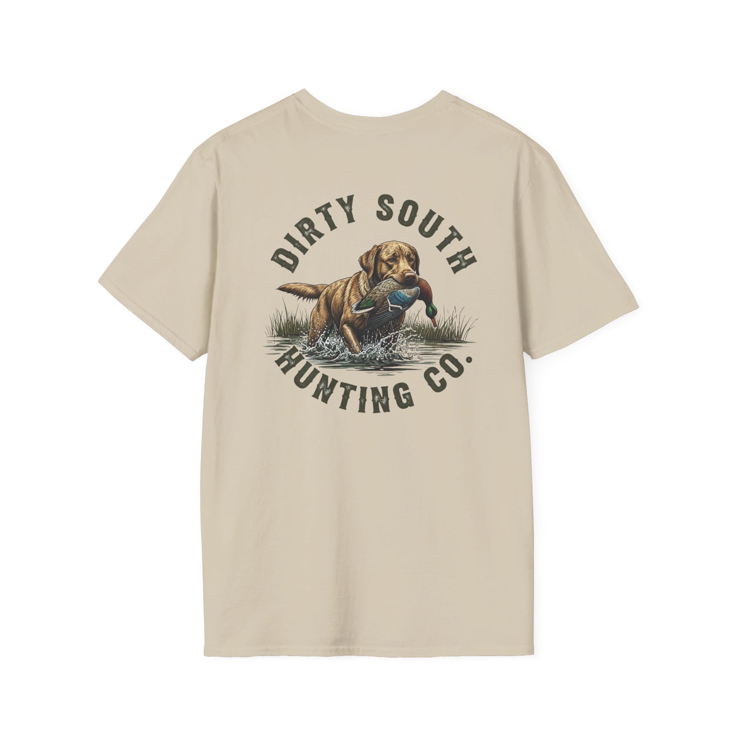 “Dirty South Hunting Co. retriever T-shirt with duck retrieve graphic – sand color”