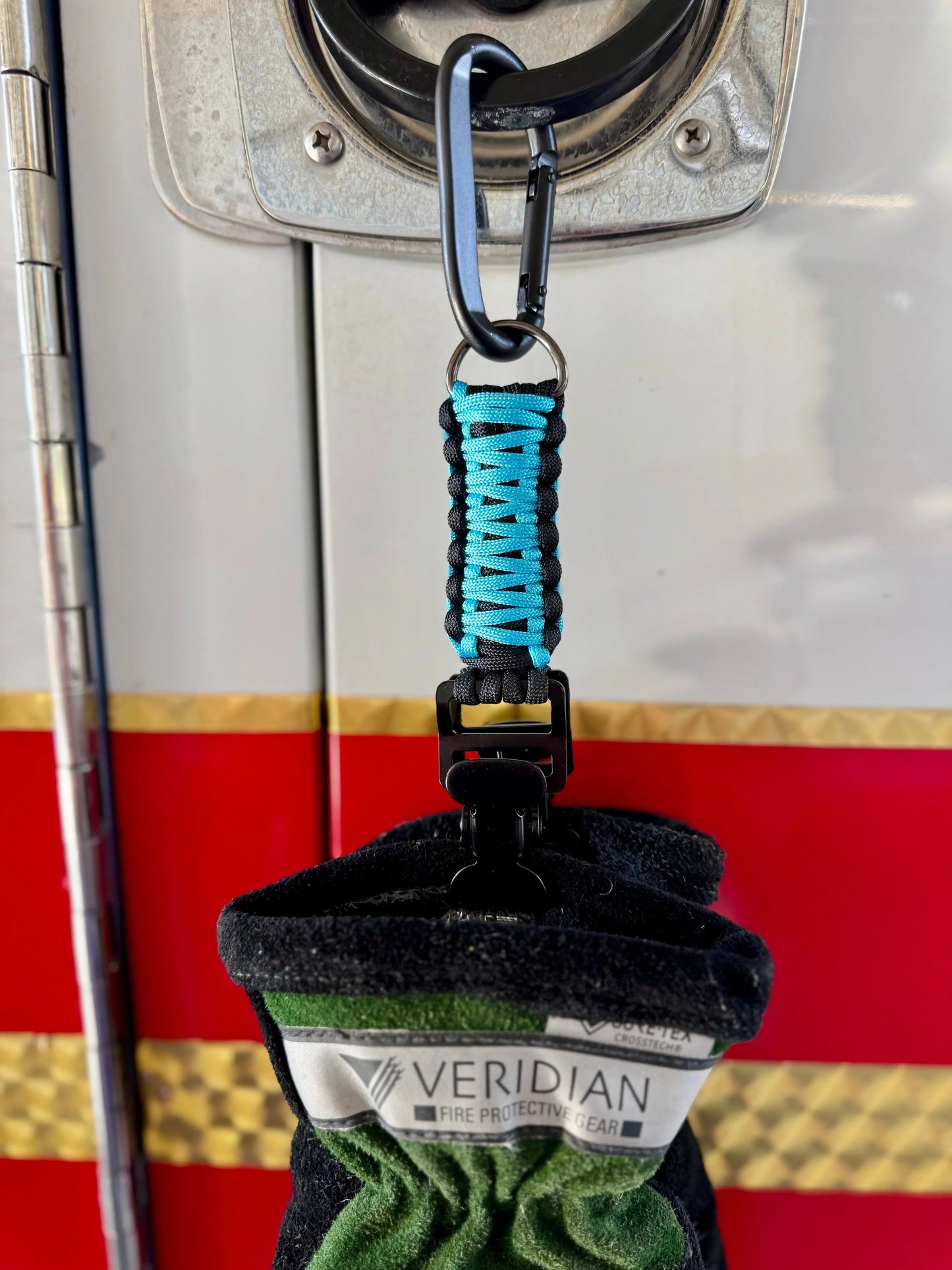 Paracord Glove Holder with Dual Alligator Clips, Carabiner & D-Ring – Firefighter, EMS, Lineman Gear Swinging K Creations