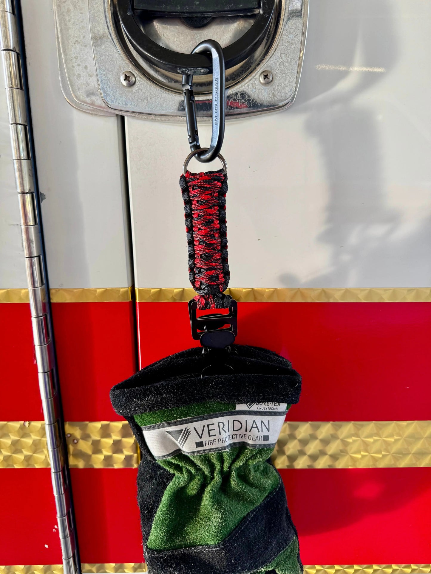Paracord Glove Holder with Dual Alligator Clips, Carabiner & D-Ring – Firefighter, EMS, Lineman Gear Swinging K Creations
